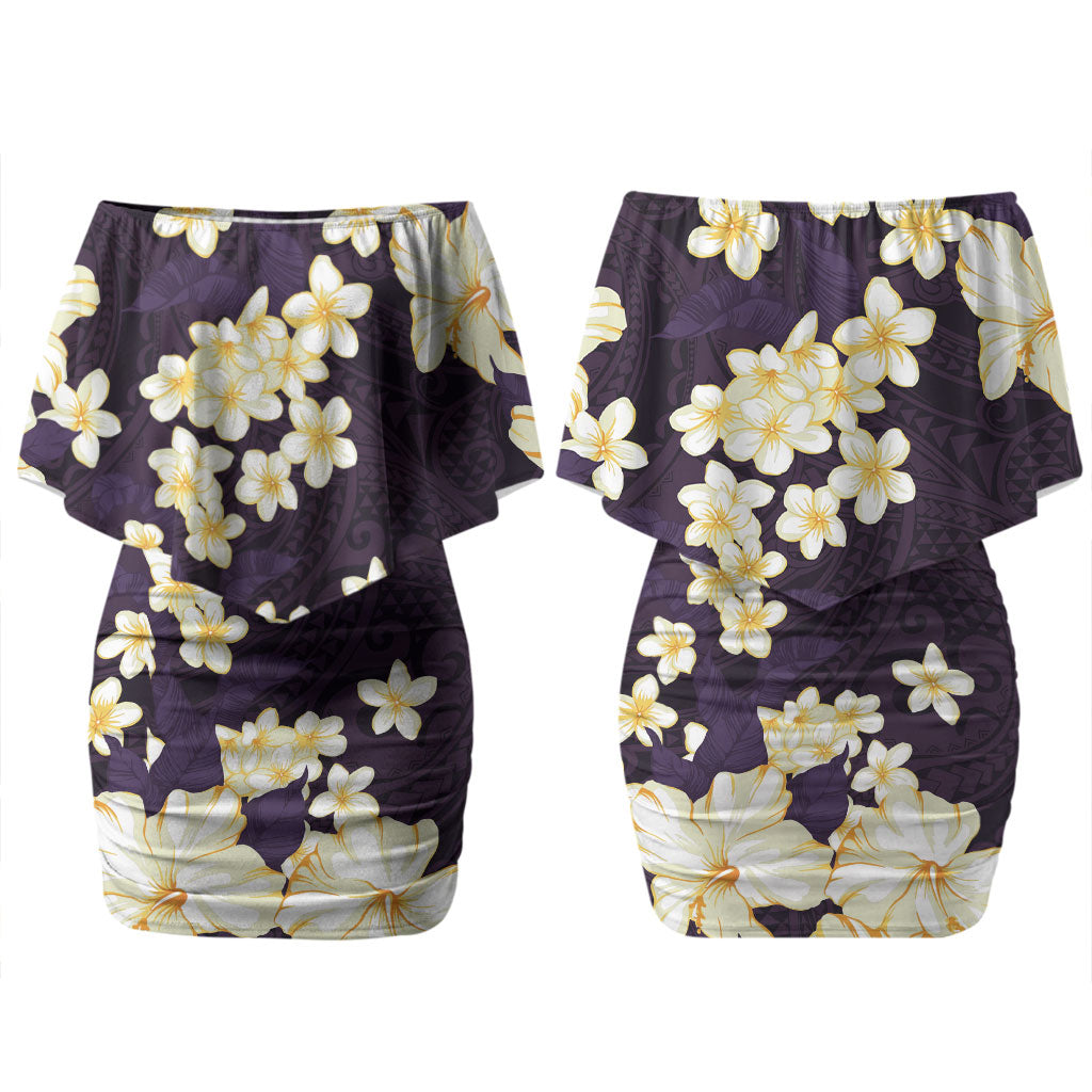 Hawaii Hibiscus Plumeria Purple Couples Matching Off Shoulder Short Dress and Hawaiian Shirt Polynesian Pattern