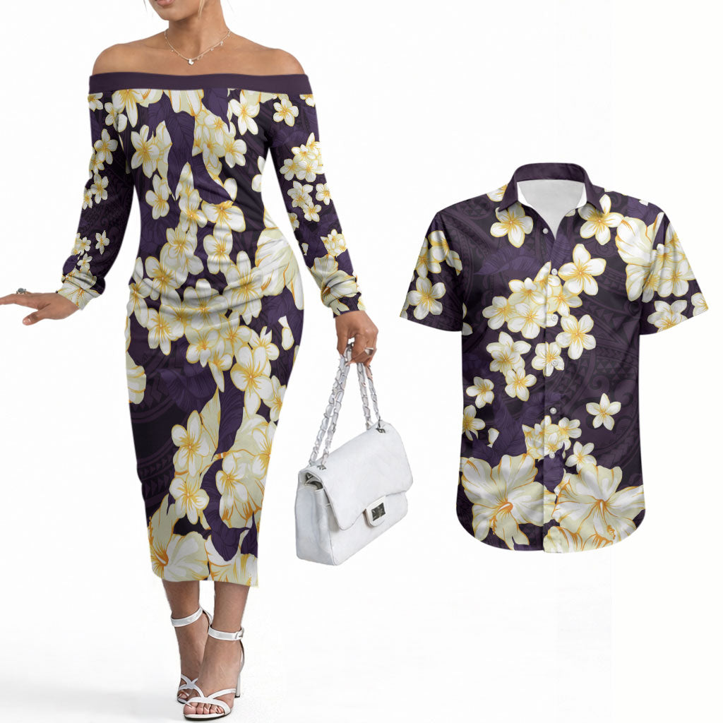 Hawaii Hibiscus Plumeria Purple Couples Matching Off The Shoulder Long Sleeve Dress and Hawaiian Shirt Polynesian Pattern