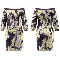 Hawaii Hibiscus Plumeria Purple Couples Matching Off The Shoulder Long Sleeve Dress and Hawaiian Shirt Polynesian Pattern