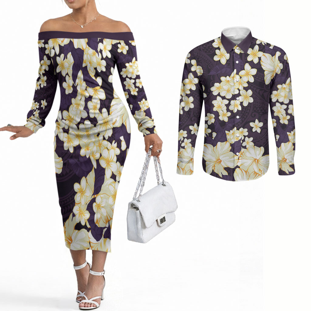 Hawaii Hibiscus Plumeria Purple Couples Matching Off The Shoulder Long Sleeve Dress and Long Sleeve Button Shirt Polynesian Pattern