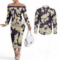 Hawaii Hibiscus Plumeria Purple Couples Matching Off The Shoulder Long Sleeve Dress and Long Sleeve Button Shirt Polynesian Pattern