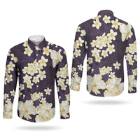 Hawaii Hibiscus Plumeria Purple Couples Matching Off The Shoulder Long Sleeve Dress and Long Sleeve Button Shirt Polynesian Pattern