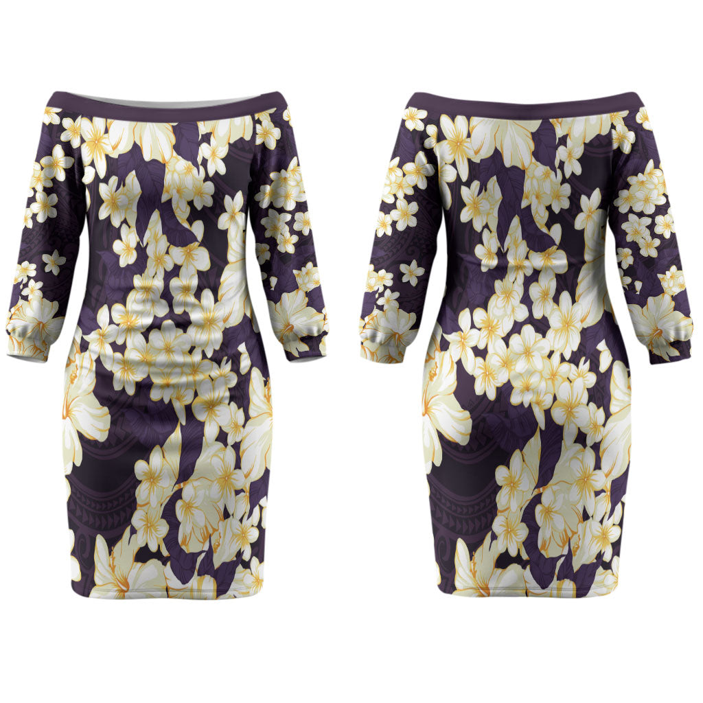 Hawaii Hibiscus Plumeria Purple Couples Matching Off The Shoulder Long Sleeve Dress and Long Sleeve Button Shirt Polynesian Pattern