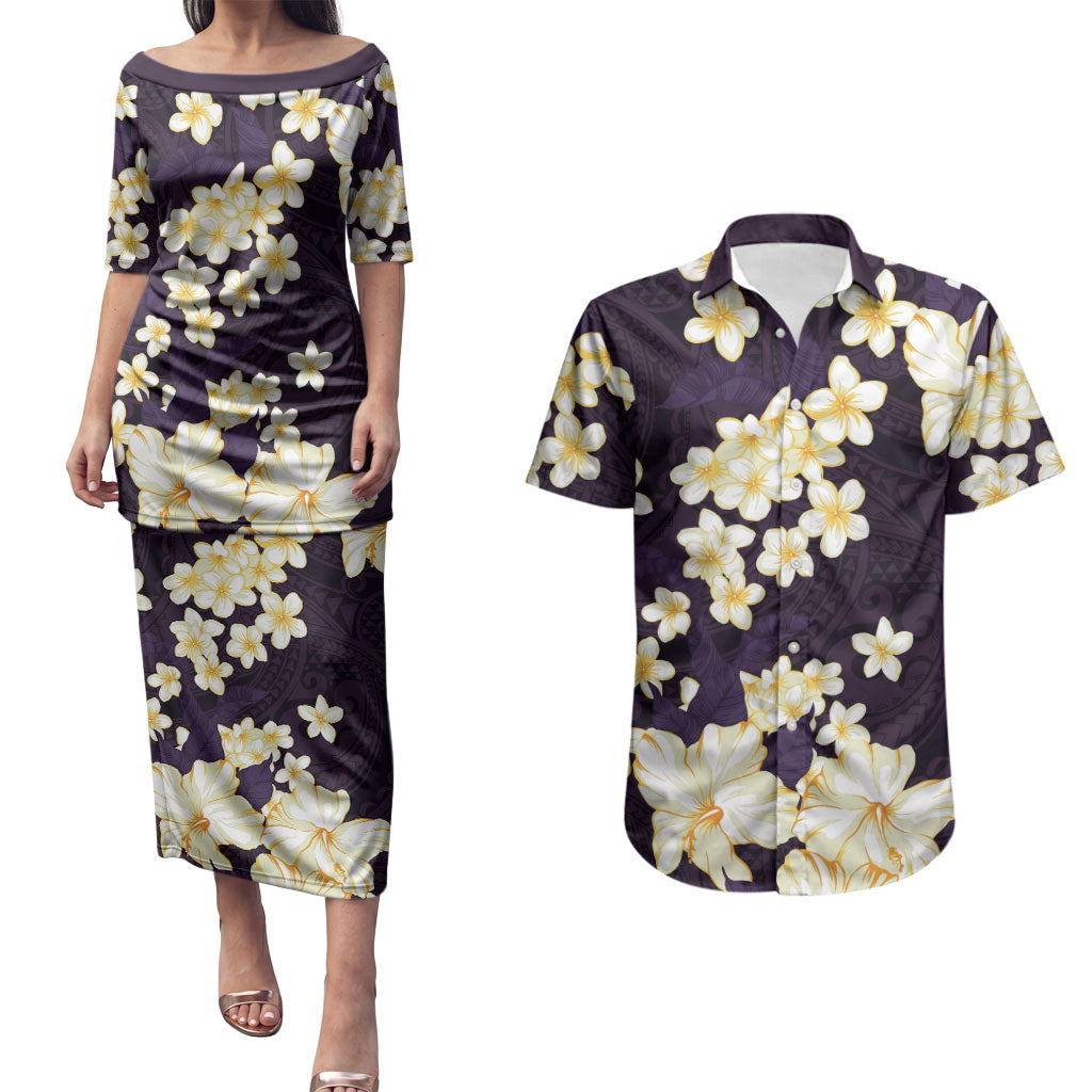 Hawaii Hibiscus Plumeria Purple Couples Matching Puletasi and Hawaiian Shirt Polynesian Pattern
