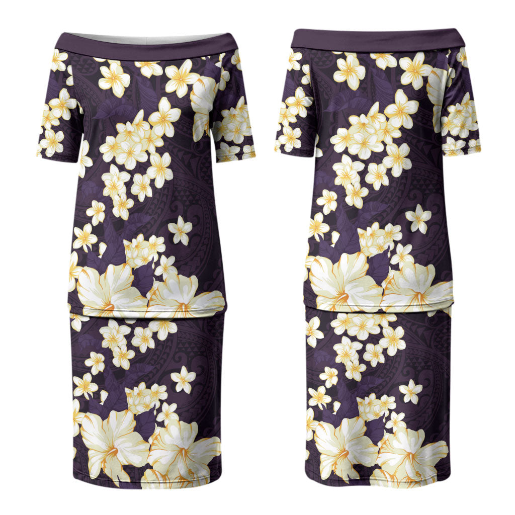 Hawaii Hibiscus Plumeria Purple Couples Matching Puletasi and Hawaiian Shirt Polynesian Pattern