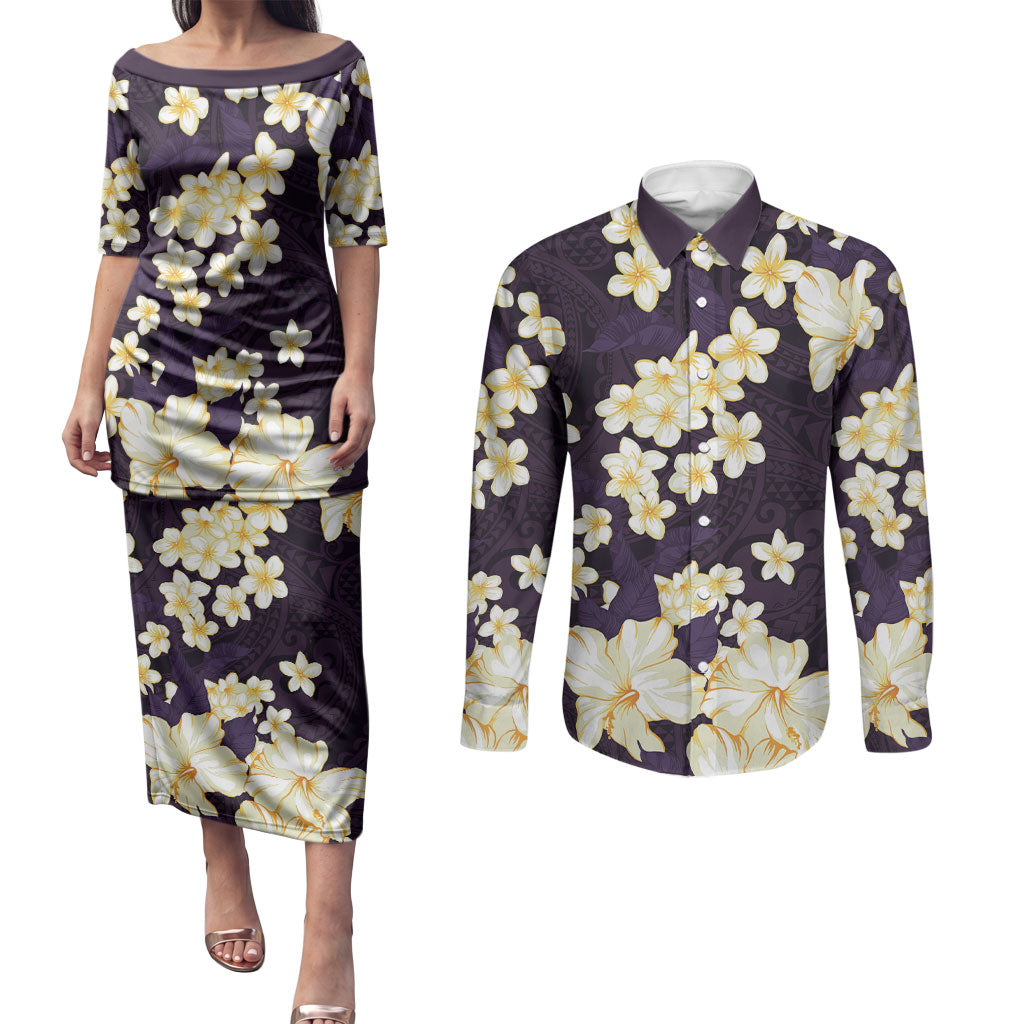 Hawaii Hibiscus Plumeria Purple Couples Matching Puletasi and Long Sleeve Button Shirt Polynesian Pattern