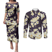 Hawaii Hibiscus Plumeria Purple Couples Matching Puletasi and Long Sleeve Button Shirt Polynesian Pattern
