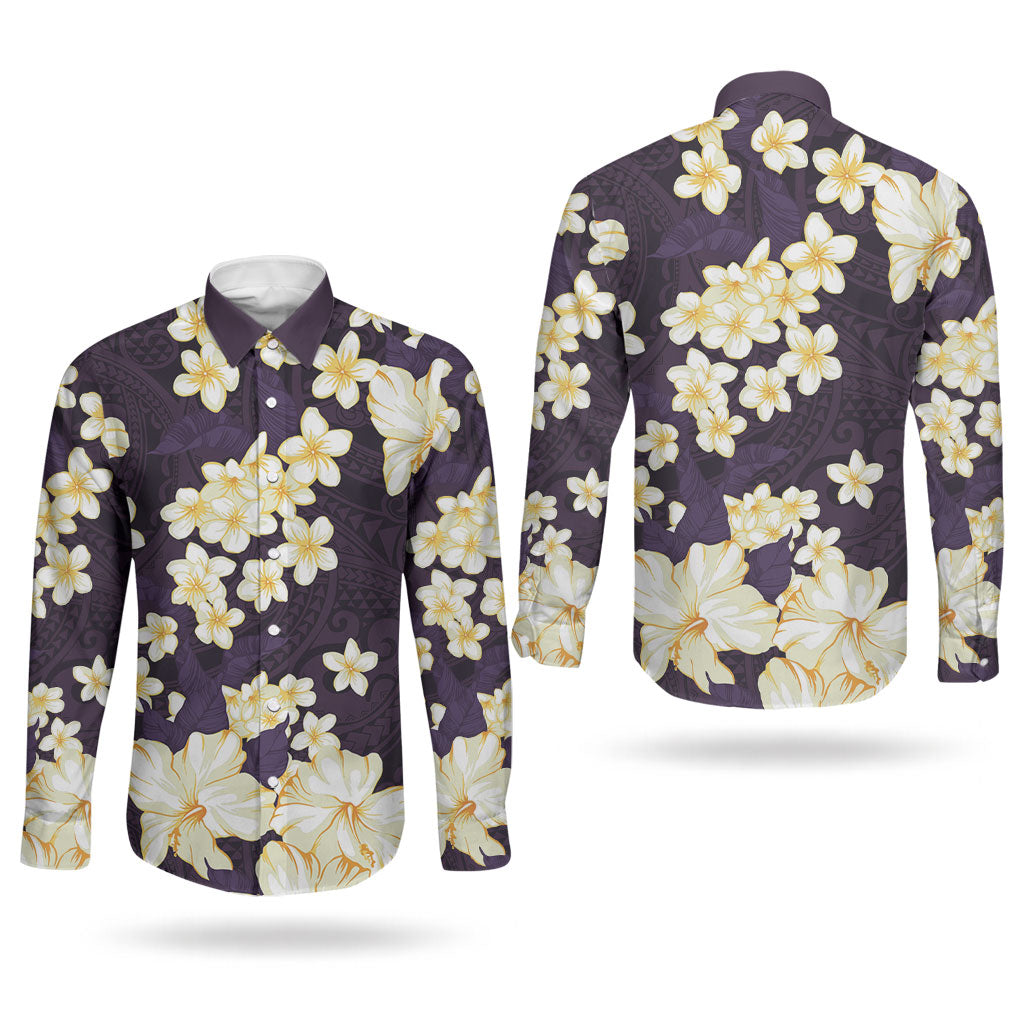 Hawaii Hibiscus Plumeria Purple Couples Matching Puletasi and Long Sleeve Button Shirt Polynesian Pattern