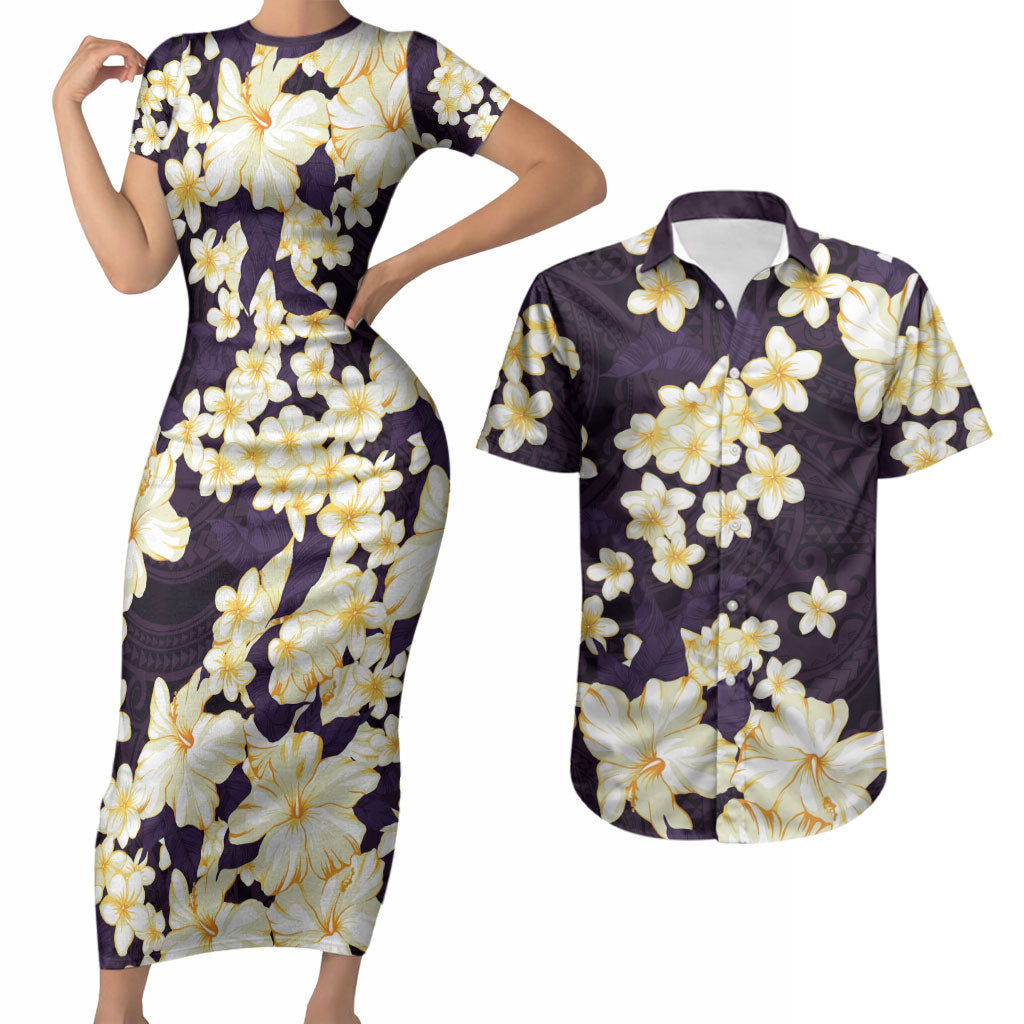 Hawaii Hibiscus Plumeria Purple Couples Matching Short Sleeve Bodycon Dress and Hawaiian Shirt Polynesian Pattern LT01 Purple - Polynesian Pride
