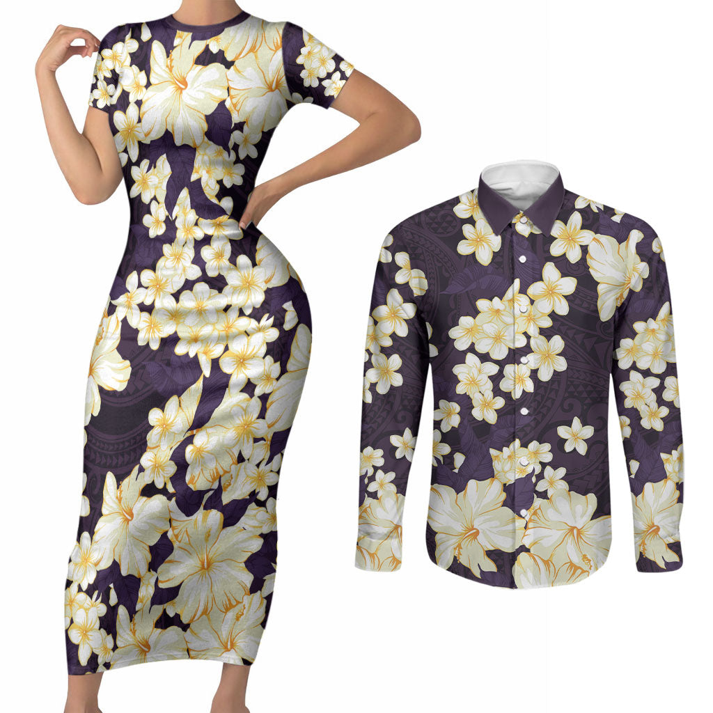 Hawaii Hibiscus Plumeria Purple Couples Matching Short Sleeve Bodycon Dress and Long Sleeve Button Shirt Polynesian Pattern