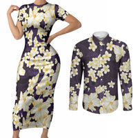 Hawaii Hibiscus Plumeria Purple Couples Matching Short Sleeve Bodycon Dress and Long Sleeve Button Shirt Polynesian Pattern