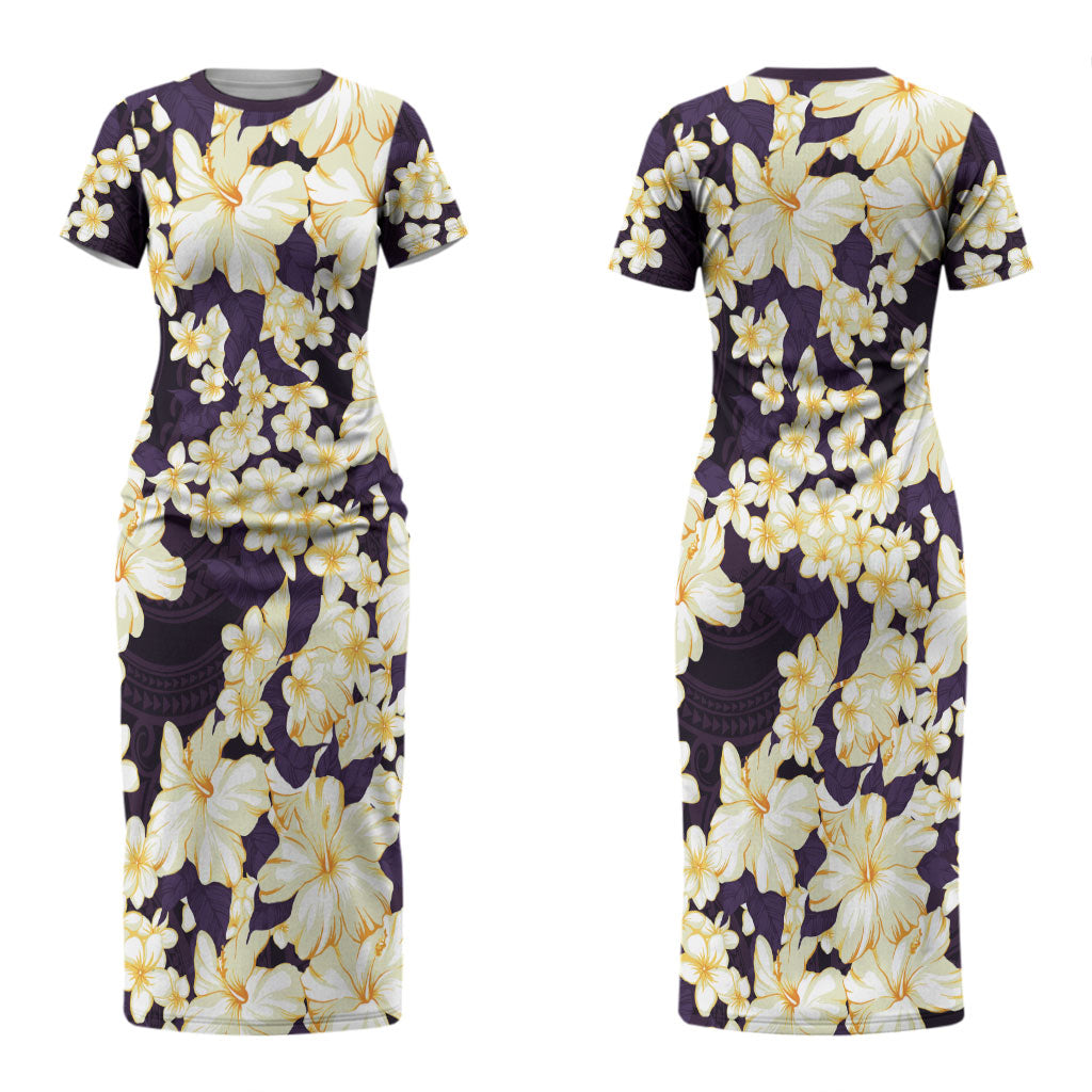 Hawaii Hibiscus Plumeria Purple Couples Matching Short Sleeve Bodycon Dress and Long Sleeve Button Shirt Polynesian Pattern