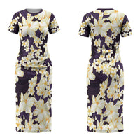 Hawaii Hibiscus Plumeria Purple Couples Matching Short Sleeve Bodycon Dress and Long Sleeve Button Shirt Polynesian Pattern