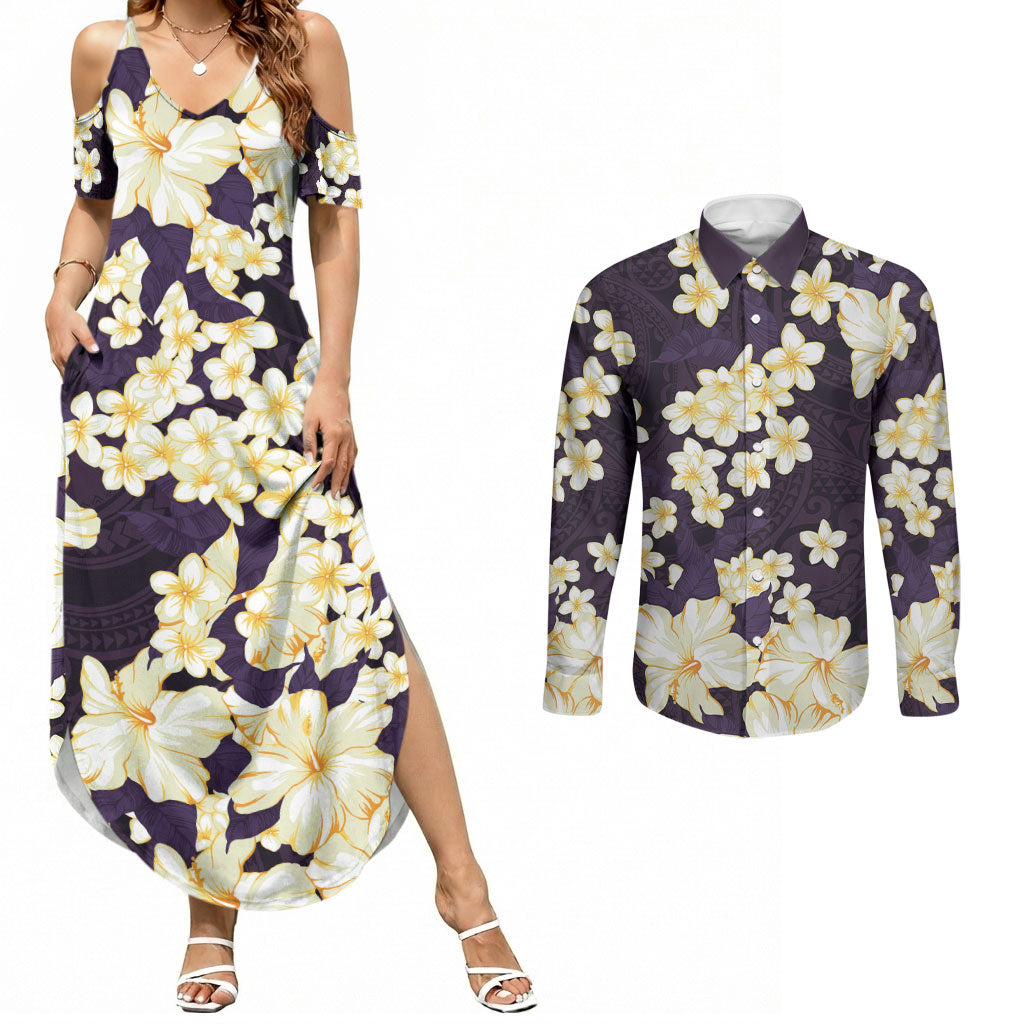 Hawaii Hibiscus Plumeria Purple Couples Matching Summer Maxi Dress and Long Sleeve Button Shirt Polynesian Pattern