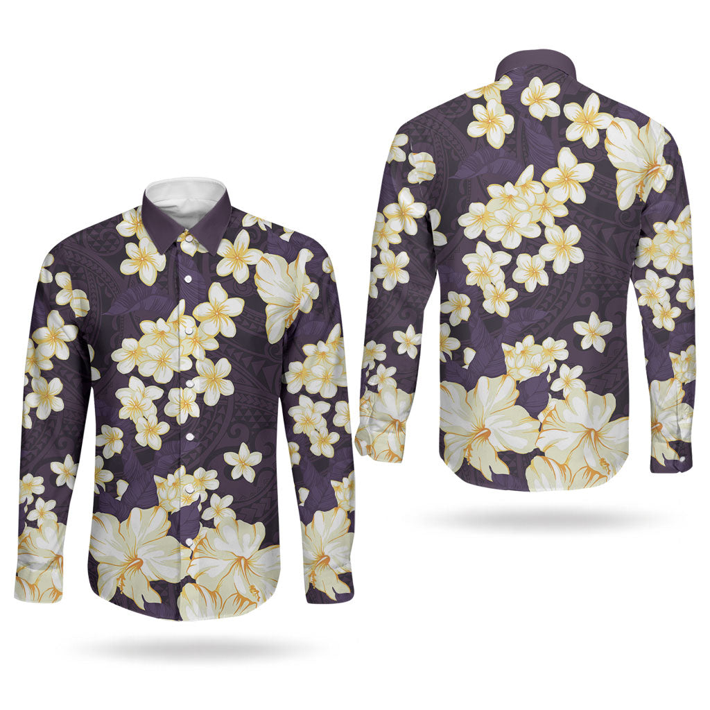 Hawaii Hibiscus Plumeria Purple Couples Matching Summer Maxi Dress and Long Sleeve Button Shirt Polynesian Pattern