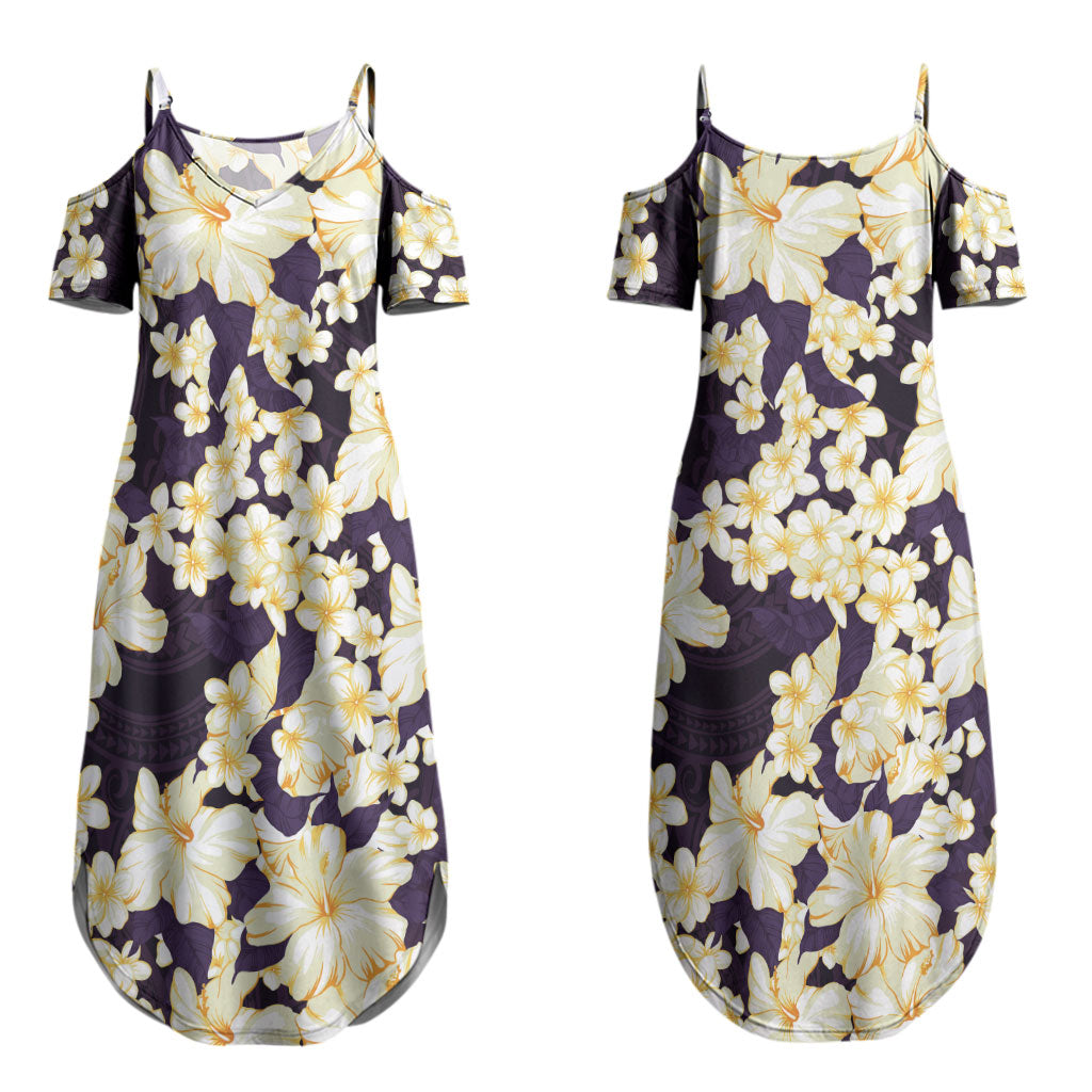 Hawaii Hibiscus Plumeria Purple Couples Matching Summer Maxi Dress and Long Sleeve Button Shirt Polynesian Pattern