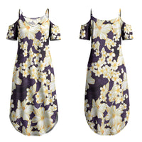 Hawaii Hibiscus Plumeria Purple Couples Matching Summer Maxi Dress and Long Sleeve Button Shirt Polynesian Pattern