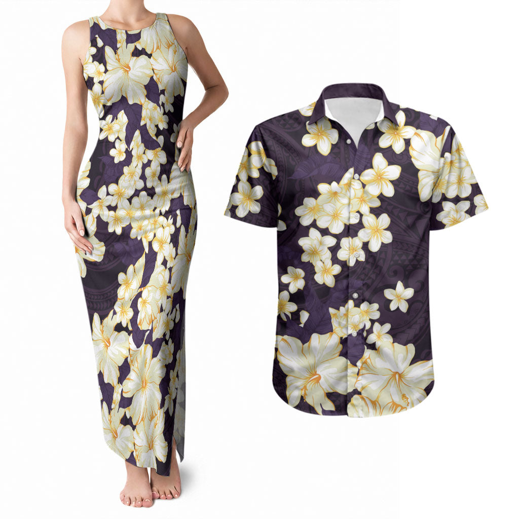 Hawaii Hibiscus Plumeria Purple Couples Matching Tank Maxi Dress and Hawaiian Shirt Polynesian Pattern