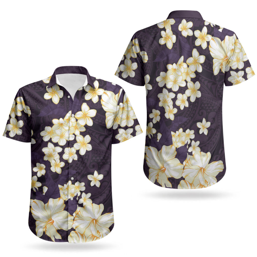Hawaii Hibiscus Plumeria Purple Couples Matching Tank Maxi Dress and Hawaiian Shirt Polynesian Pattern