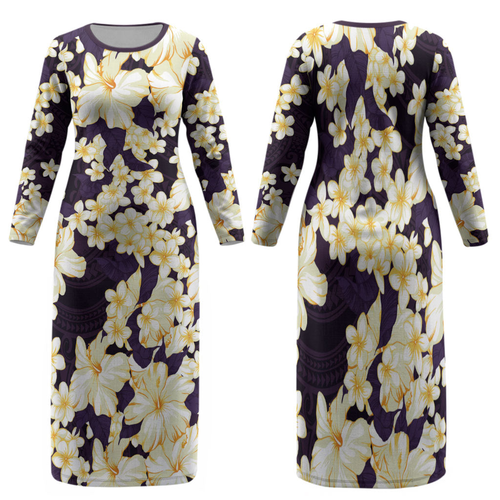 Hawaii Hibiscus Plumeria Purple Family Matching Long Sleeve Bodycon Dress and Hawaiian Shirt Polynesian Pattern