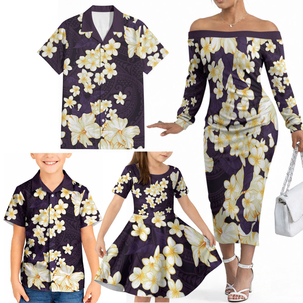 Hawaii Hibiscus Plumeria Purple Family Matching Off The Shoulder Long Sleeve Dress and Hawaiian Shirt Polynesian Pattern