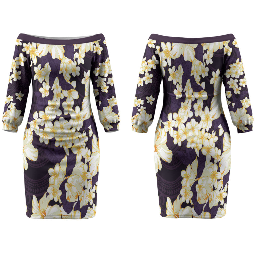 Hawaii Hibiscus Plumeria Purple Family Matching Off The Shoulder Long Sleeve Dress and Hawaiian Shirt Polynesian Pattern