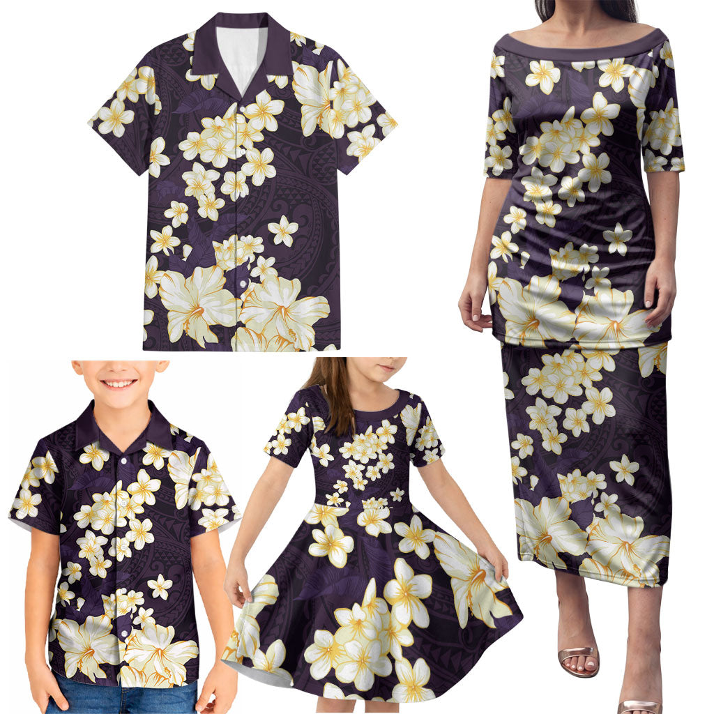 Hawaii Hibiscus Plumeria Purple Family Matching Puletasi and Hawaiian Shirt Polynesian Pattern