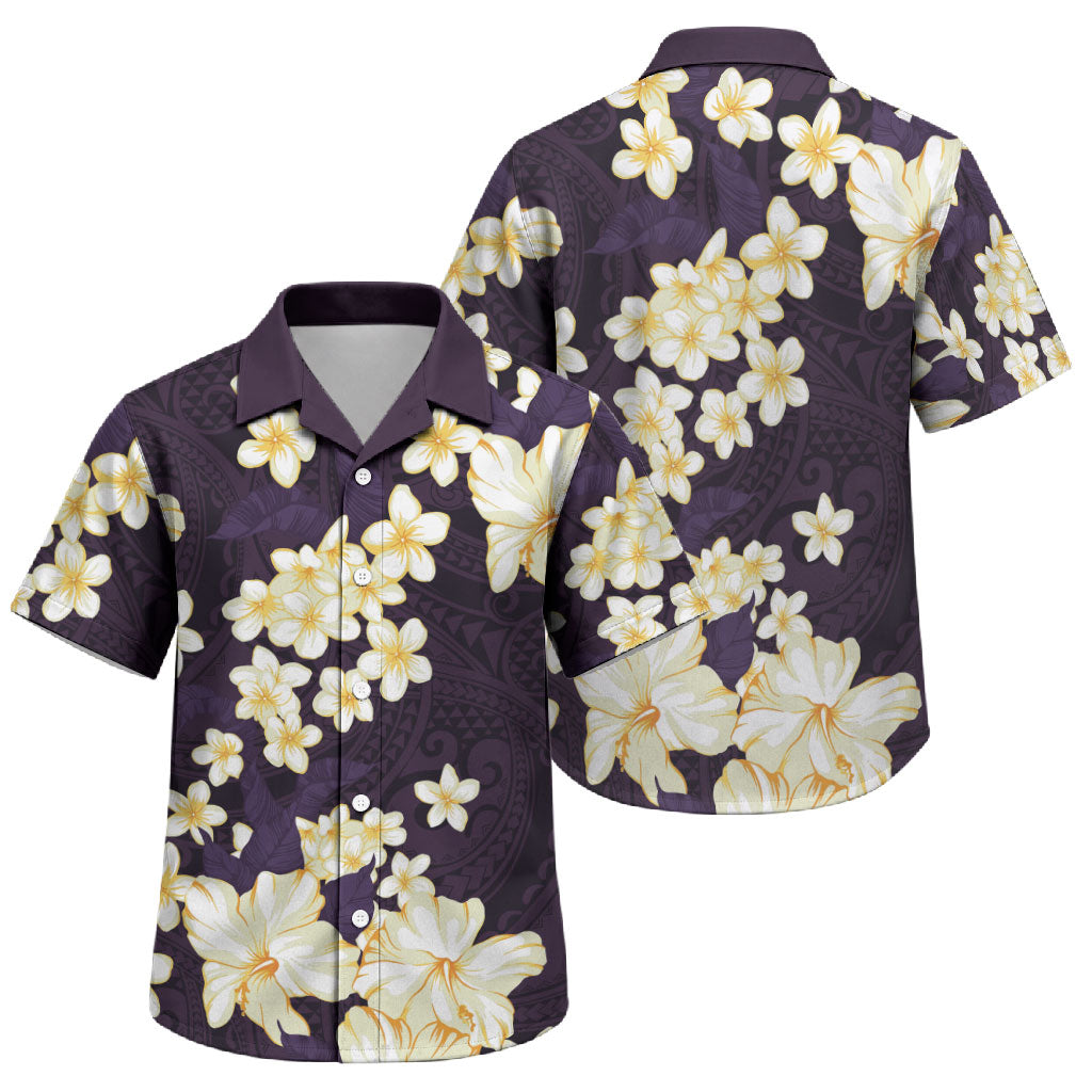 Hawaii Hibiscus Plumeria Purple Family Matching Puletasi and Hawaiian Shirt Polynesian Pattern