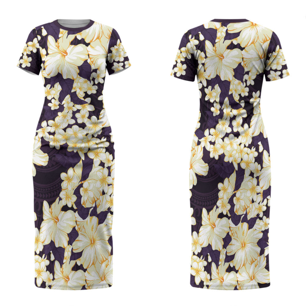 Hawaii Hibiscus Plumeria Purple Family Matching Short Sleeve Bodycon Dress and Hawaiian Shirt Polynesian Pattern