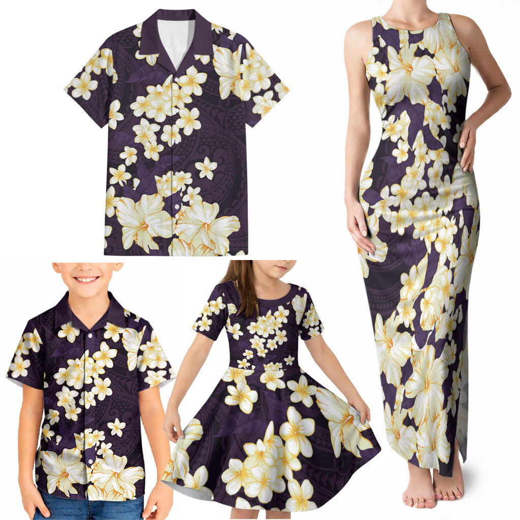 Hawaii Hibiscus Plumeria Purple Family Matching Tank Maxi Dress and Hawaiian Shirt Polynesian Pattern