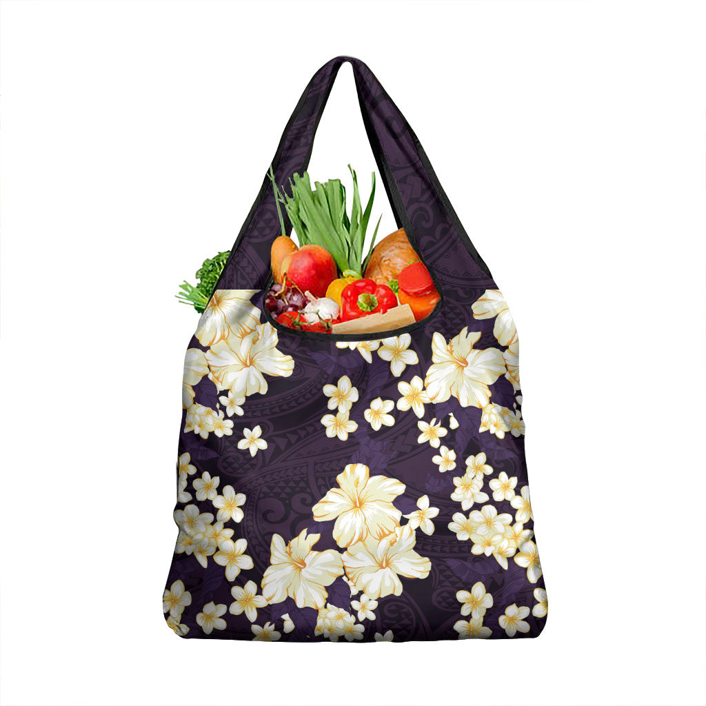 Hawaii Hibiscus Plumeria Purple Grocery Bag Polynesian Pattern