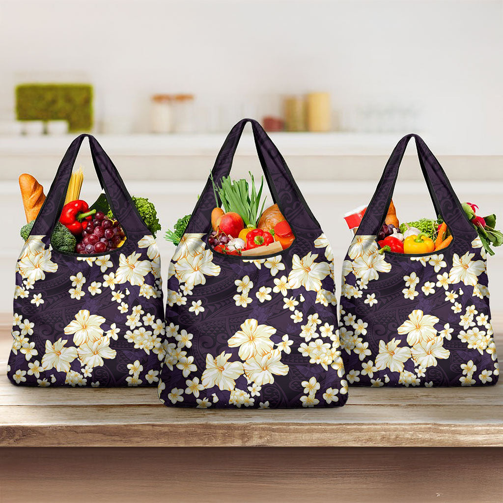 Hawaii Hibiscus Plumeria Purple Grocery Bag Polynesian Pattern