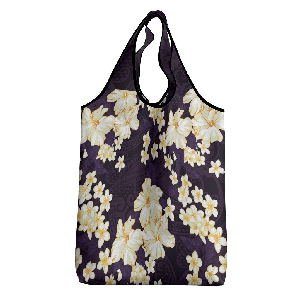 Hawaii Hibiscus Plumeria Purple Grocery Bag Polynesian Pattern