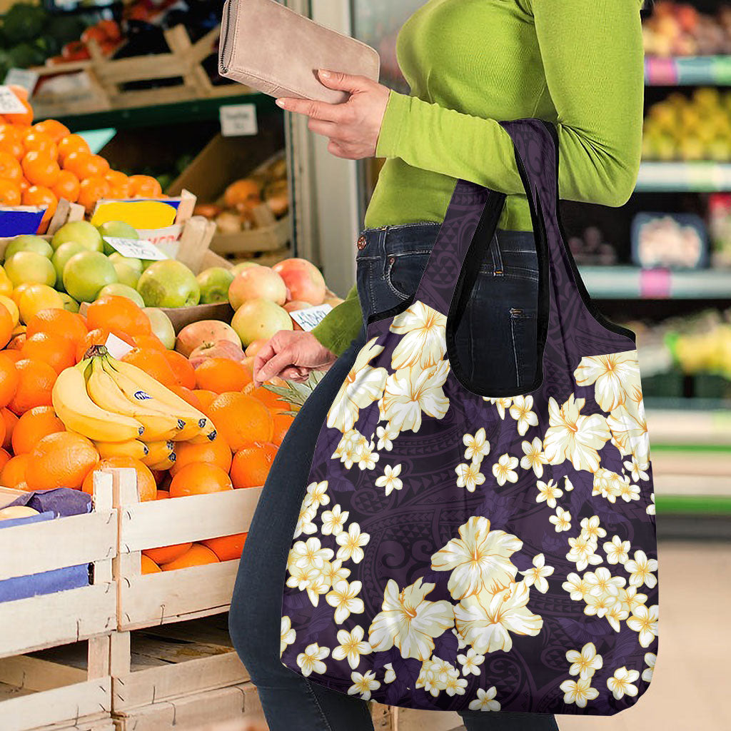 Hawaii Hibiscus Plumeria Purple Grocery Bag Polynesian Pattern