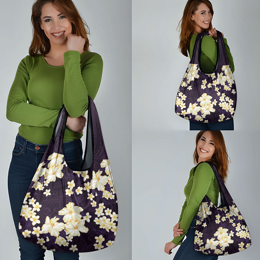 Hawaii Hibiscus Plumeria Purple Grocery Bag Polynesian Pattern