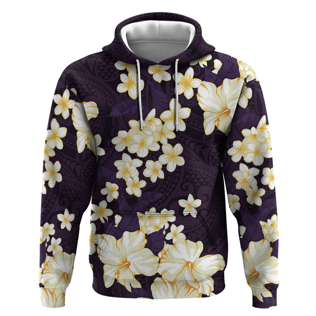 Hawaii Hibiscus Plumeria Purple Hoodie Polynesian Pattern