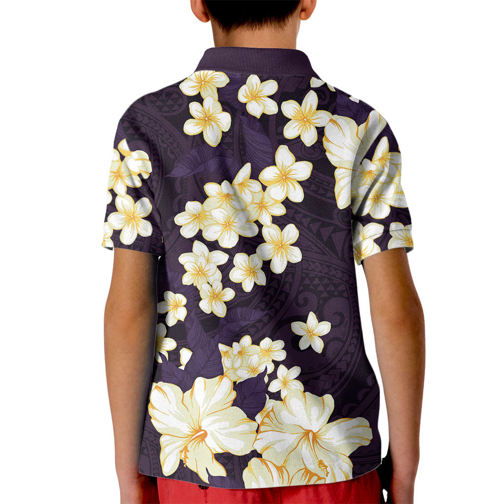 Hawaii Hibiscus Plumeria Purple Kid Polo Shirt Polynesian Pattern