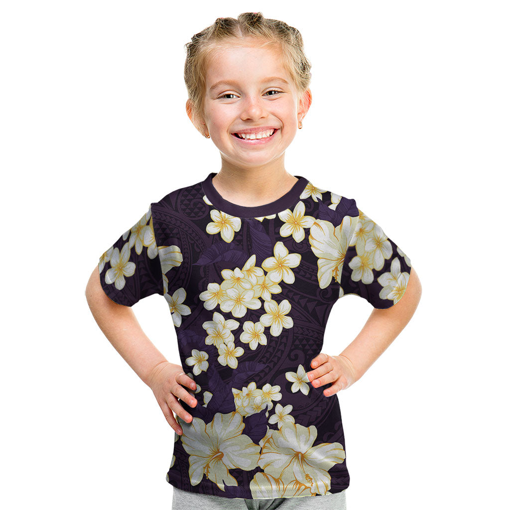 Hawaii Hibiscus Plumeria Purple Kid T Shirt Polynesian Pattern