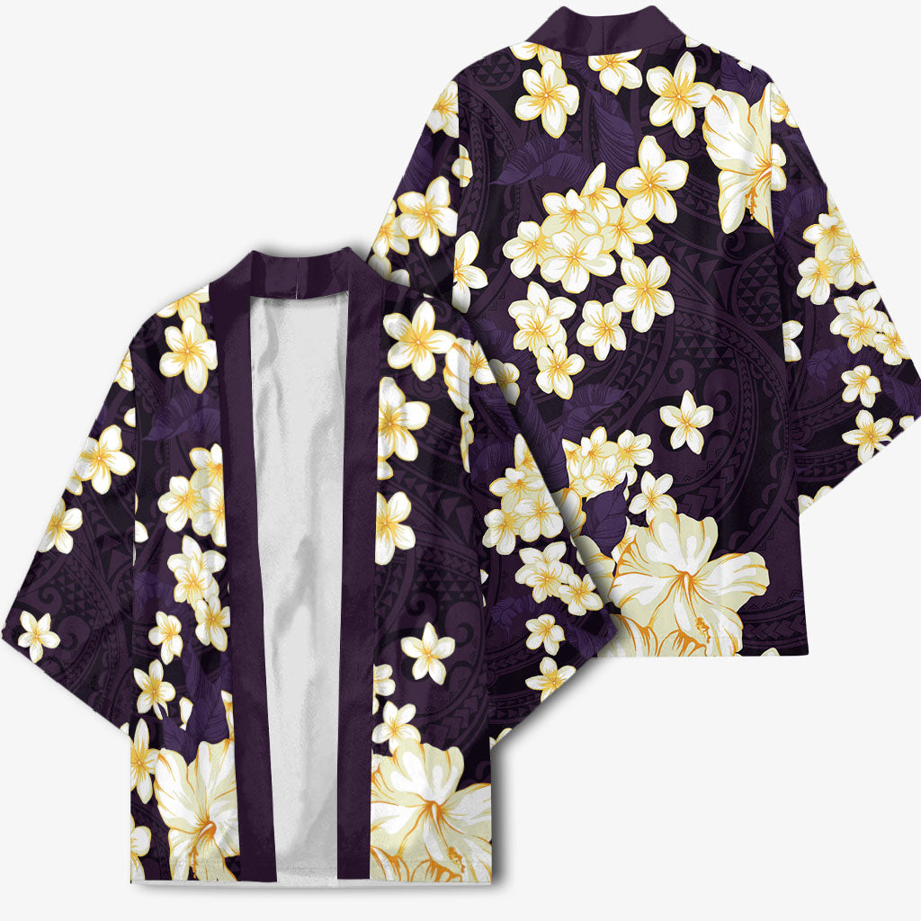 Hawaii Hibiscus Plumeria Purple Kimono Polynesian Pattern