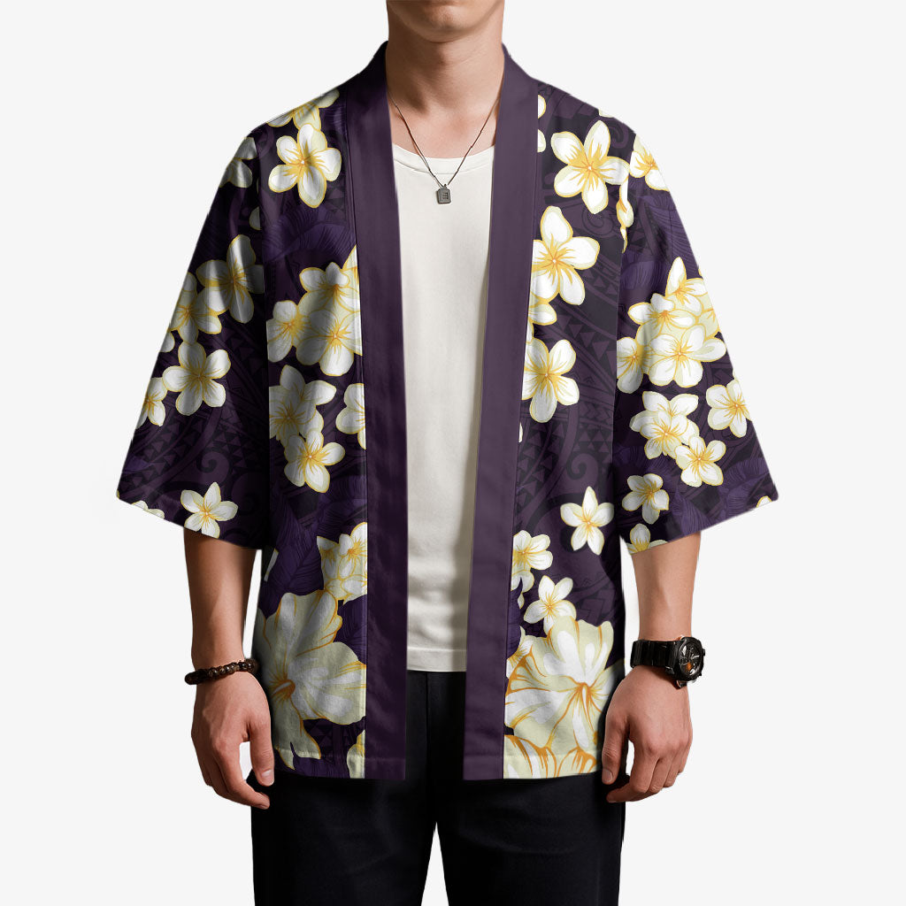 Hawaii Hibiscus Plumeria Purple Kimono Polynesian Pattern