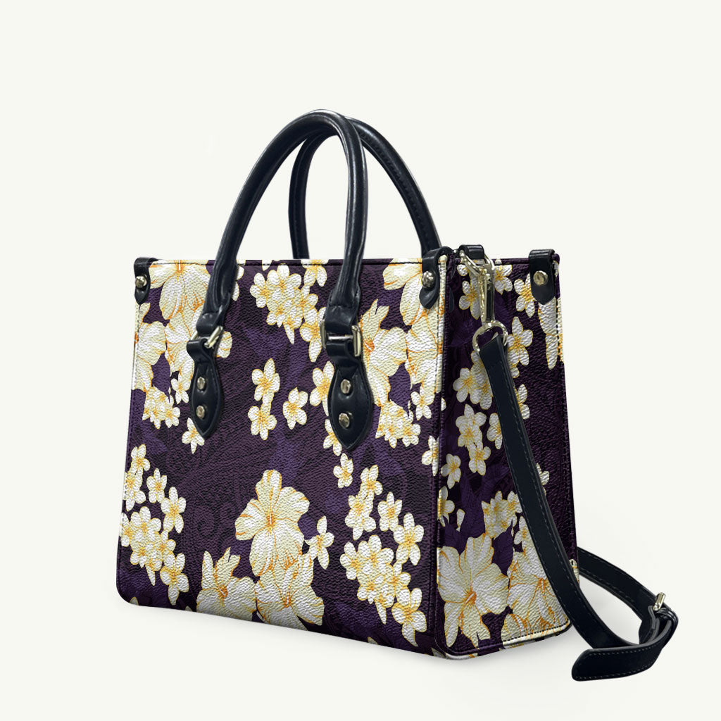 Hawaii Hibiscus Plumeria Purple Leather Bag Polynesian Pattern