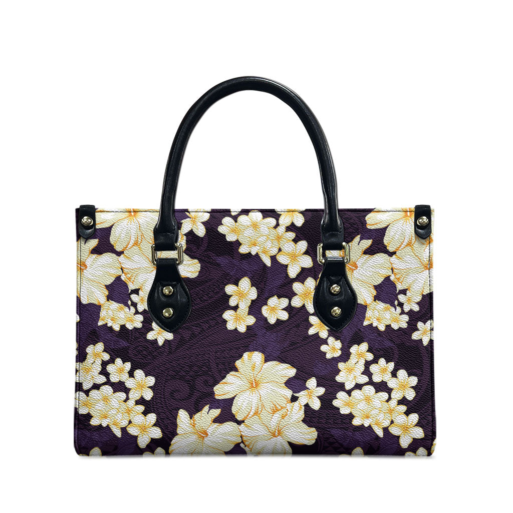 Hawaii Hibiscus Plumeria Purple Leather Bag Polynesian Pattern