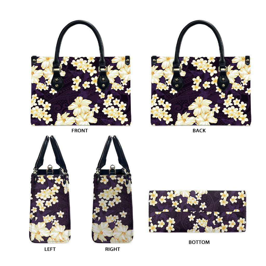 Hawaii Hibiscus Plumeria Purple Leather Bag Polynesian Pattern