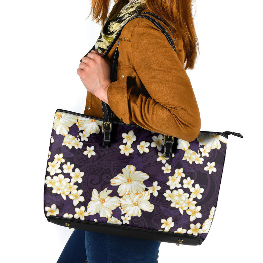 Hawaii Hibiscus Plumeria Purple Leather Tote Bag Polynesian Pattern
