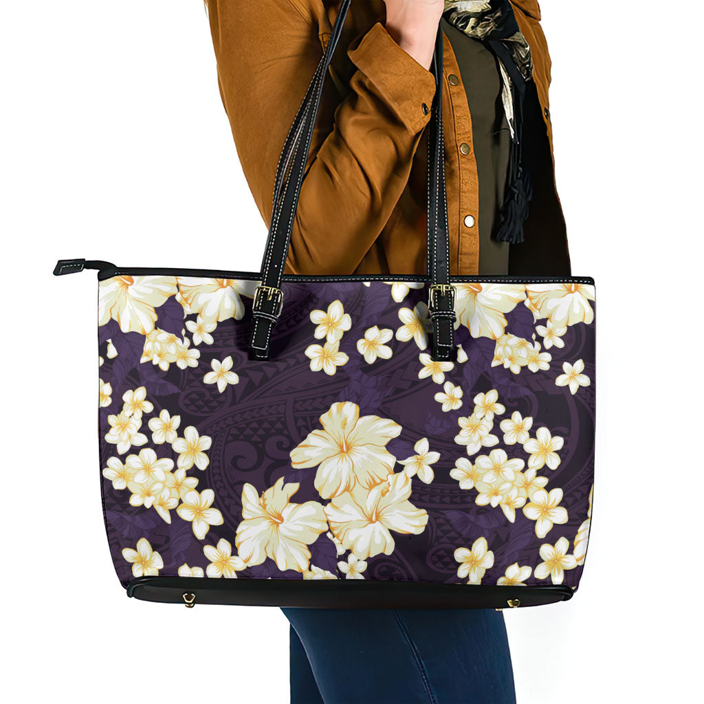 Hawaii Hibiscus Plumeria Purple Leather Tote Bag Polynesian Pattern