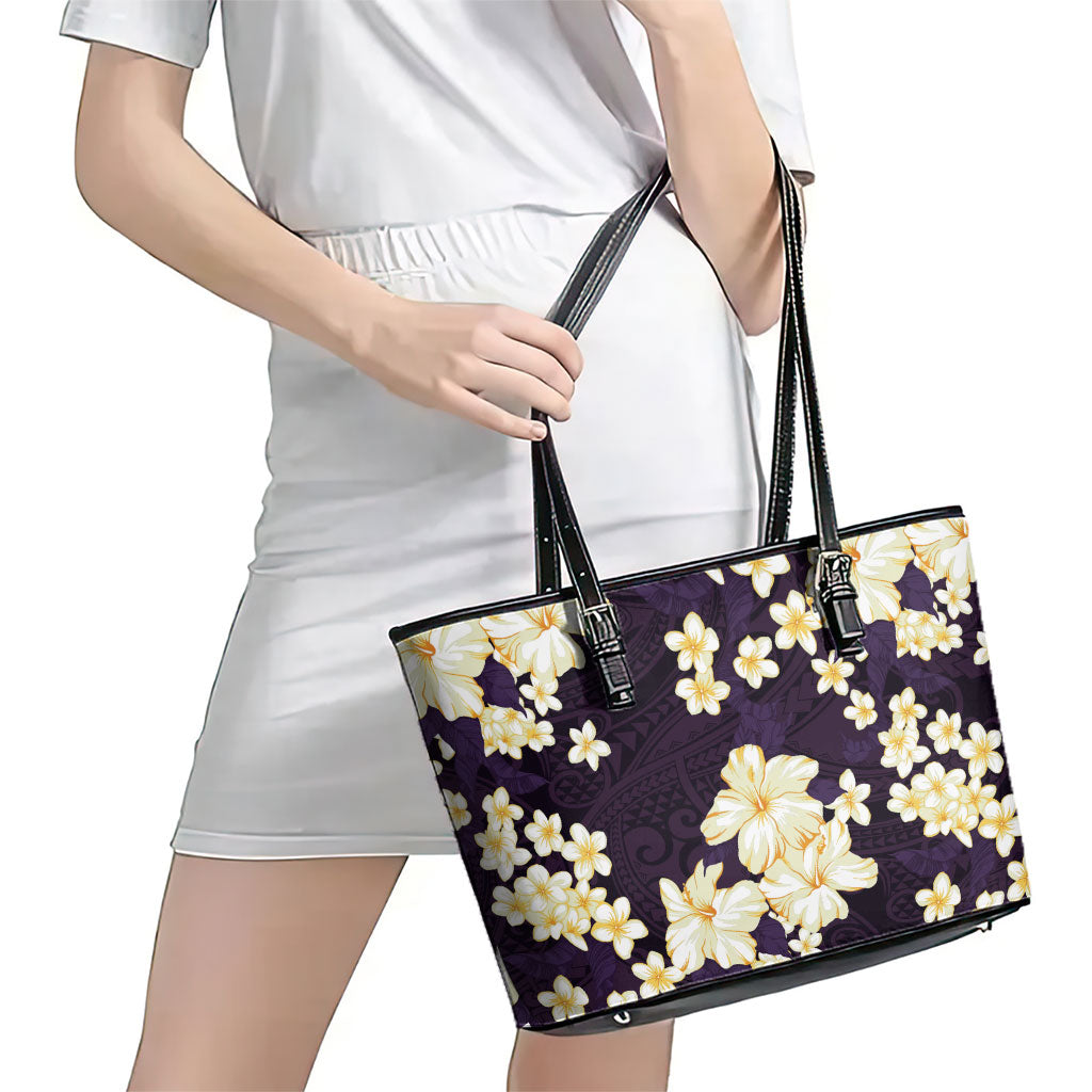 Hawaii Hibiscus Plumeria Purple Leather Tote Bag Polynesian Pattern