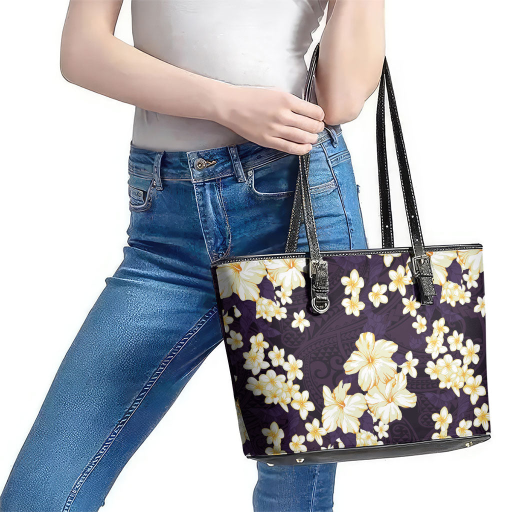 Hawaii Hibiscus Plumeria Purple Leather Tote Bag Polynesian Pattern