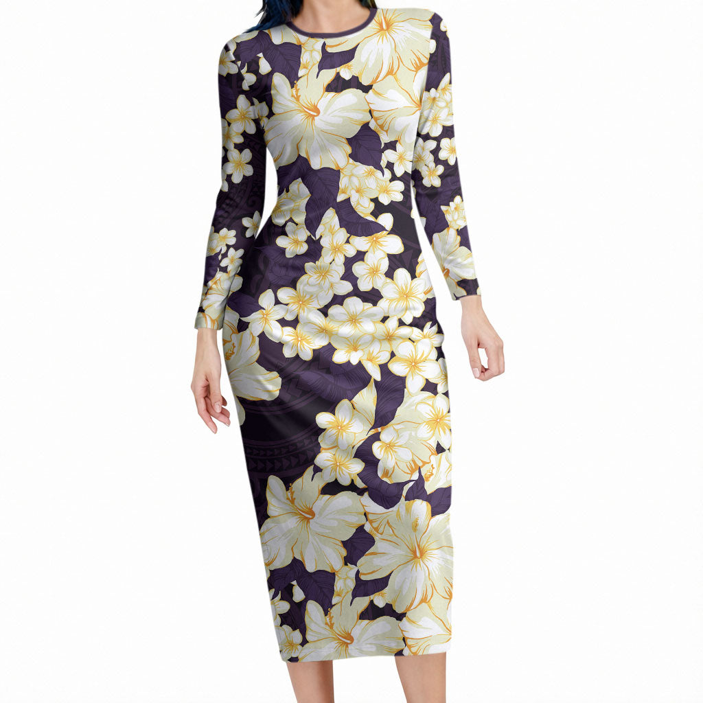 Hawaii Hibiscus Plumeria Purple Long Sleeve Bodycon Dress Polynesian Pattern