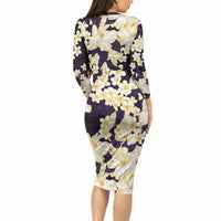 Hawaii Hibiscus Plumeria Purple Long Sleeve Bodycon Dress Polynesian Pattern