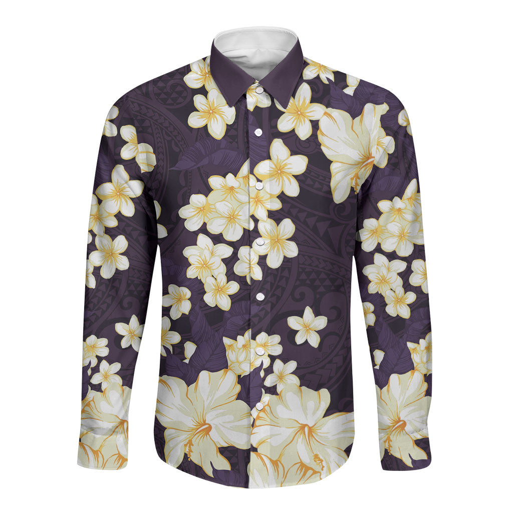 Hawaii Hibiscus Plumeria Purple Long Sleeve Button Shirt Polynesian Pattern LT01 Unisex Purple - Polynesian Pride